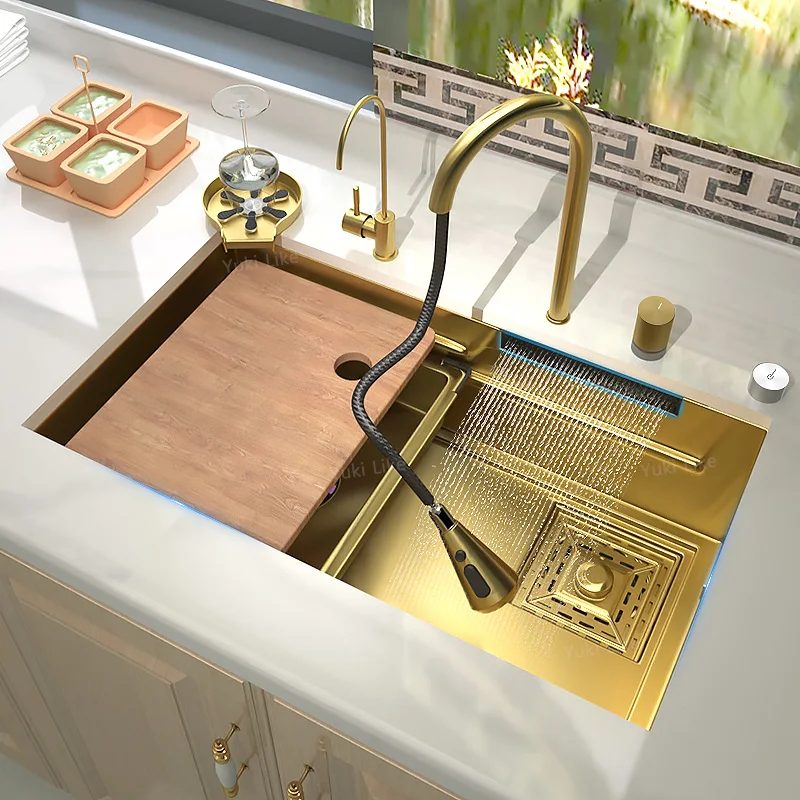 

Waterfall Sink Golden Stainless Steel Kitchen Sink Single Slot Golden Wash Basin Workstation Tank Drop-in/Undermount