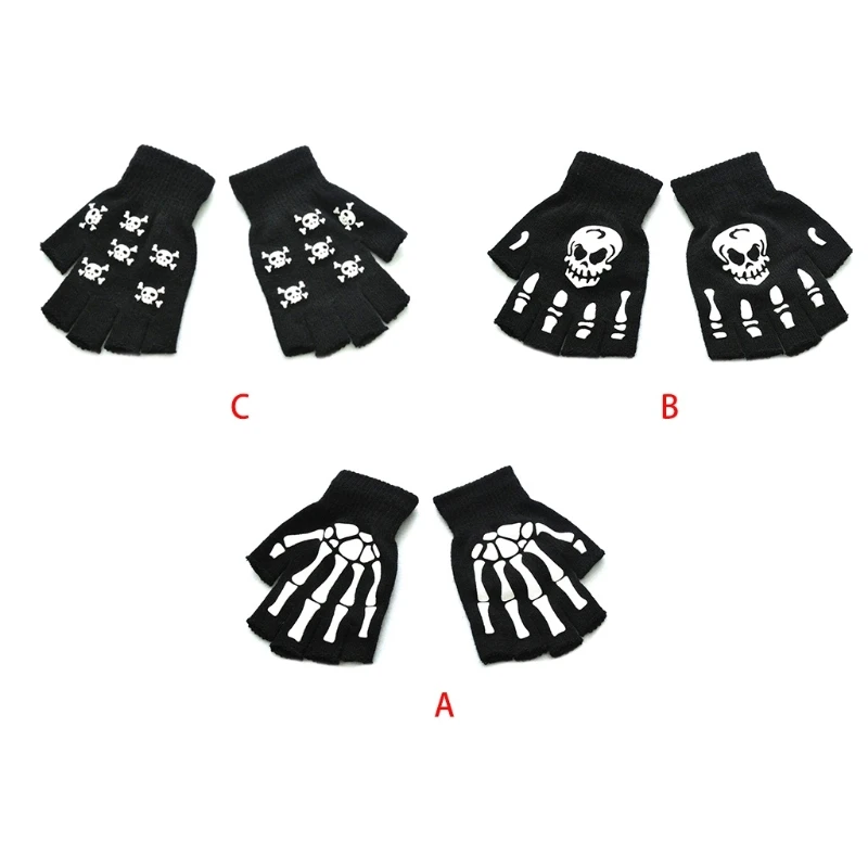 

Adult Halloween Luminous Skeleton Skull Half Finger Gloves Glow in the Dark Knitted Fingerless Mittens Cosplay Costume