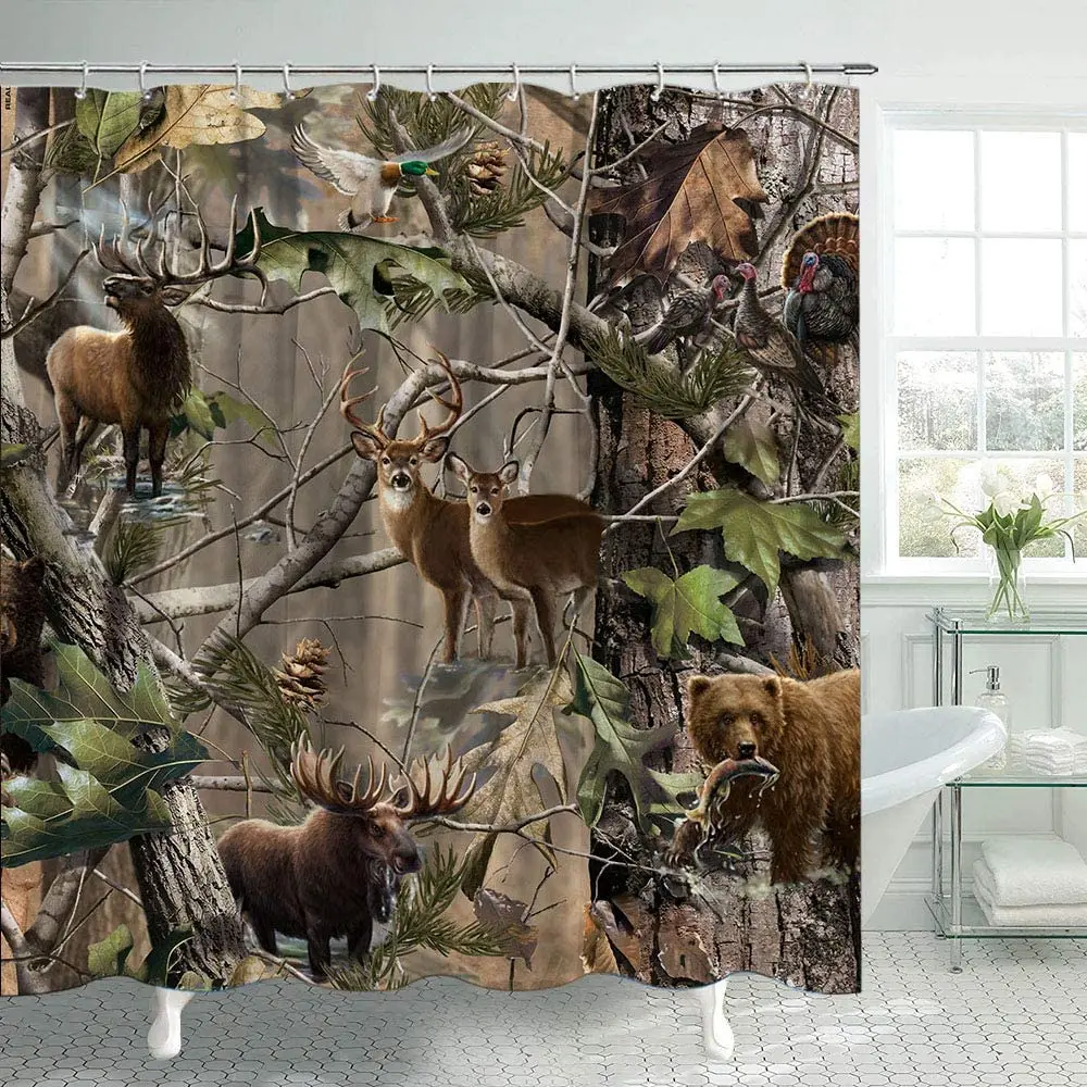

Farmhouse Bear Moose Deer Shower Curtain Country Style Vintage Rustic Lodge Bath Curtains Waterproof with Hooks Bathroom Decor