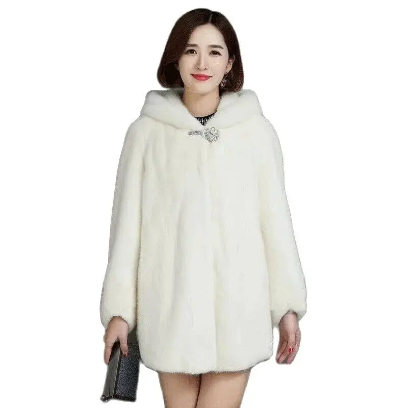 

2022 Winter Thick Warm Women Faux Fur Jacket Vintage Hooded Solid Color Imitation Mink Plush Outwear Female Luxury Fur Coat 4XL