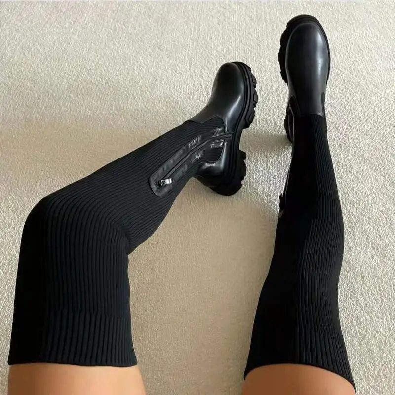 

Luxury Women Thick Sole Boots Autumn Winter Breathable Knitting Sock Ladies Thigh High Boots Stretch Round Toe Shoes Plus Size