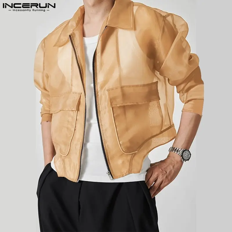 

Handsome Well Fitting Tops INCERUN Men's Perspective Mesh Design Shirts Casual Party Shows Thin Long Sleeved Lapel Blouse S-3XL