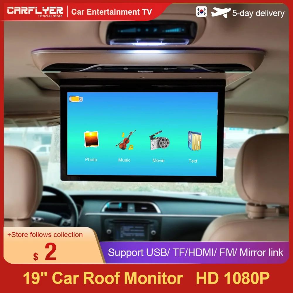 

Carflyer 19 Inch Car Roof Mount Flip Down Monitor 1080P Video MP5 Player With USB/SD/HDMI/FM Transmitter Monitor In Car Ceiling