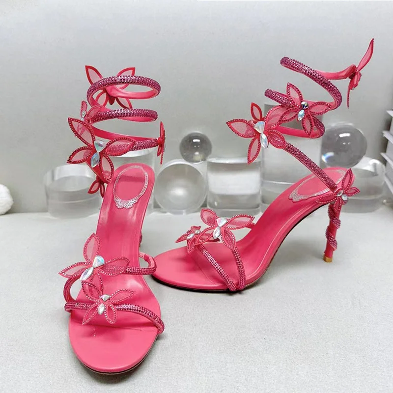 

Butterfly Serpentine Embellished Crystal High-Heeled Sandals Round Toe Stiletto Heels Sexy Party Evening Woman Sandals