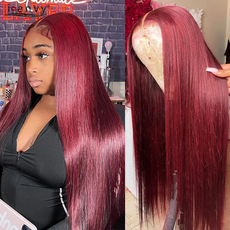 

30 34 Inches Burgundy 99J Straight 13X4 Lace Frontal Human Hair Pre-Plucked Brazilia Red 13X6 Colored Lace Front Wigs Remy Women