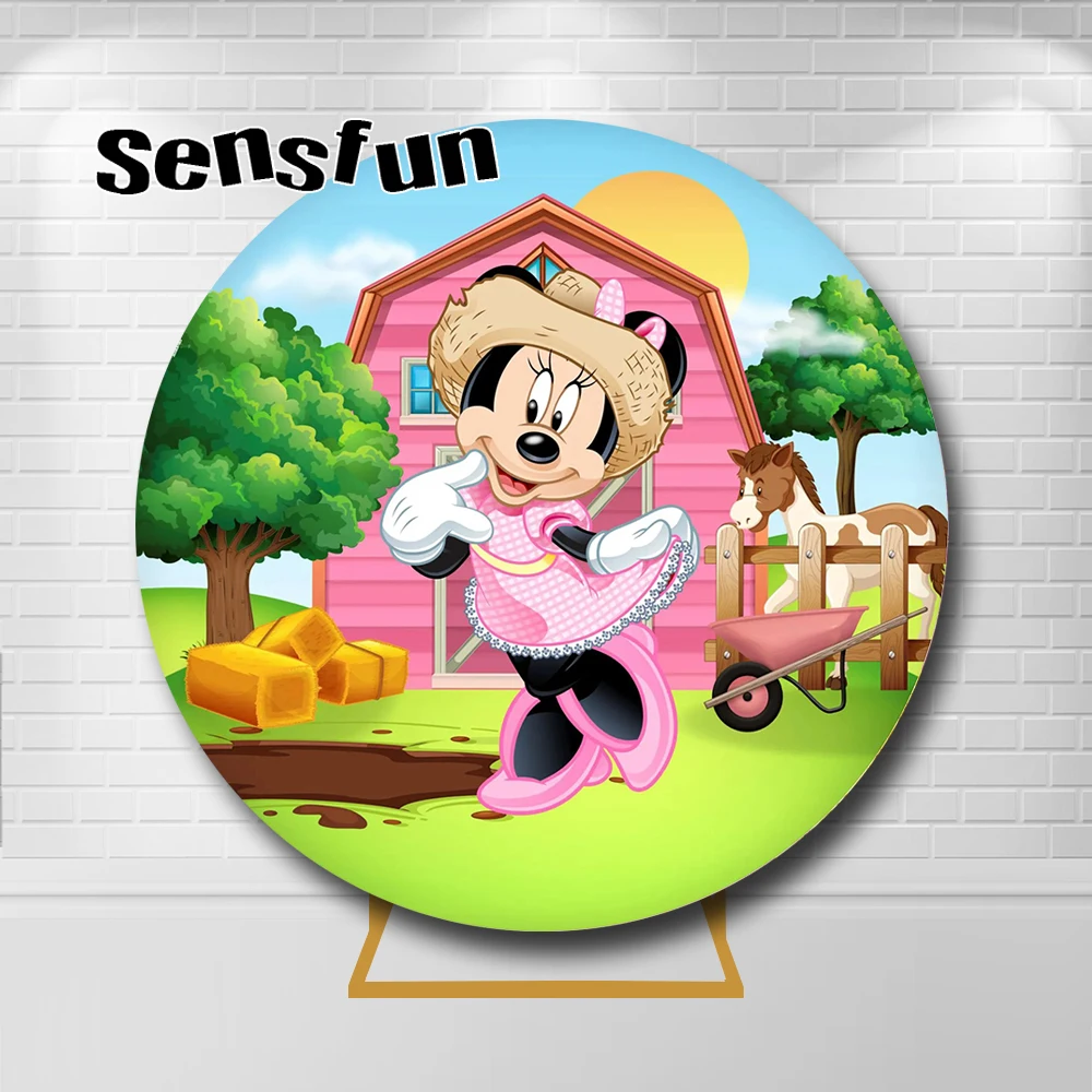 

Farm Minnie Theme Round Circle Photography Background Elastic Fence Pink Girls 1st Birthday Party Backdrop For Photo Studio