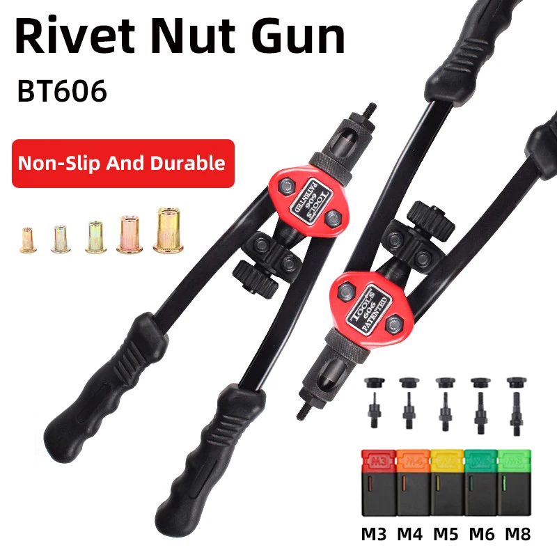 

Hand Threaded Rivet Nut Gun BT-606 Manual Riveter Tool Double Handle M3 M4 M5 M6 M8 200pcs Flat Head Thread Rivet Nuts