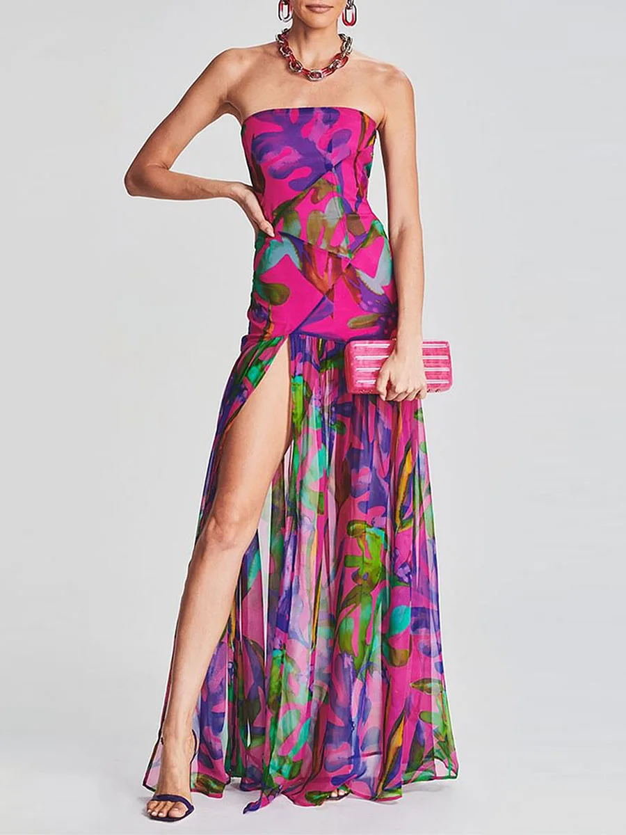 

Женское летнее вечернее платье-футляр с леопардовым принтом, длинное платье без бретелек с открытой спиной и высоким разрезом, сетчатые Лоскутные коктейльные платья Y2k