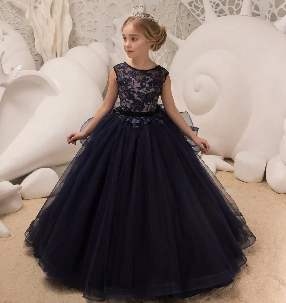 

Navy Blue Lace Flower Girl Dresses Appliqued Tiered Tulle Party Kids Birthday Gowns Toddler Litter Girl Photoshoot Pageant Wears