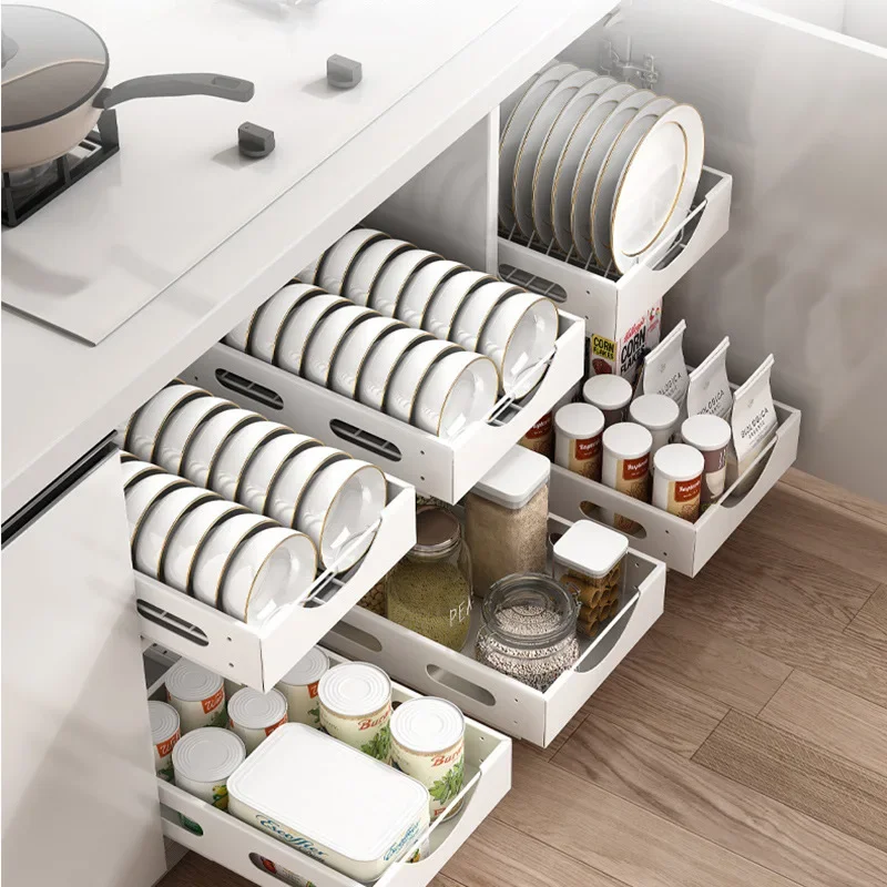 

Kitchen Dish Rack Nail-Free Built-in Pull-out Dish Separated Storage Rack Seasoning Storage Rack