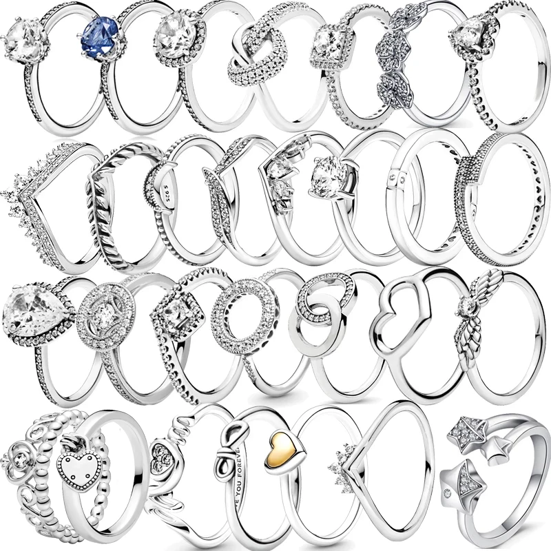 

Brand Original 925 Sterling Silver Rings Tiara Crown Sparkle Love Heart Knot Wing Shooting Stars Clear Zircon Women Fine Jewelry
