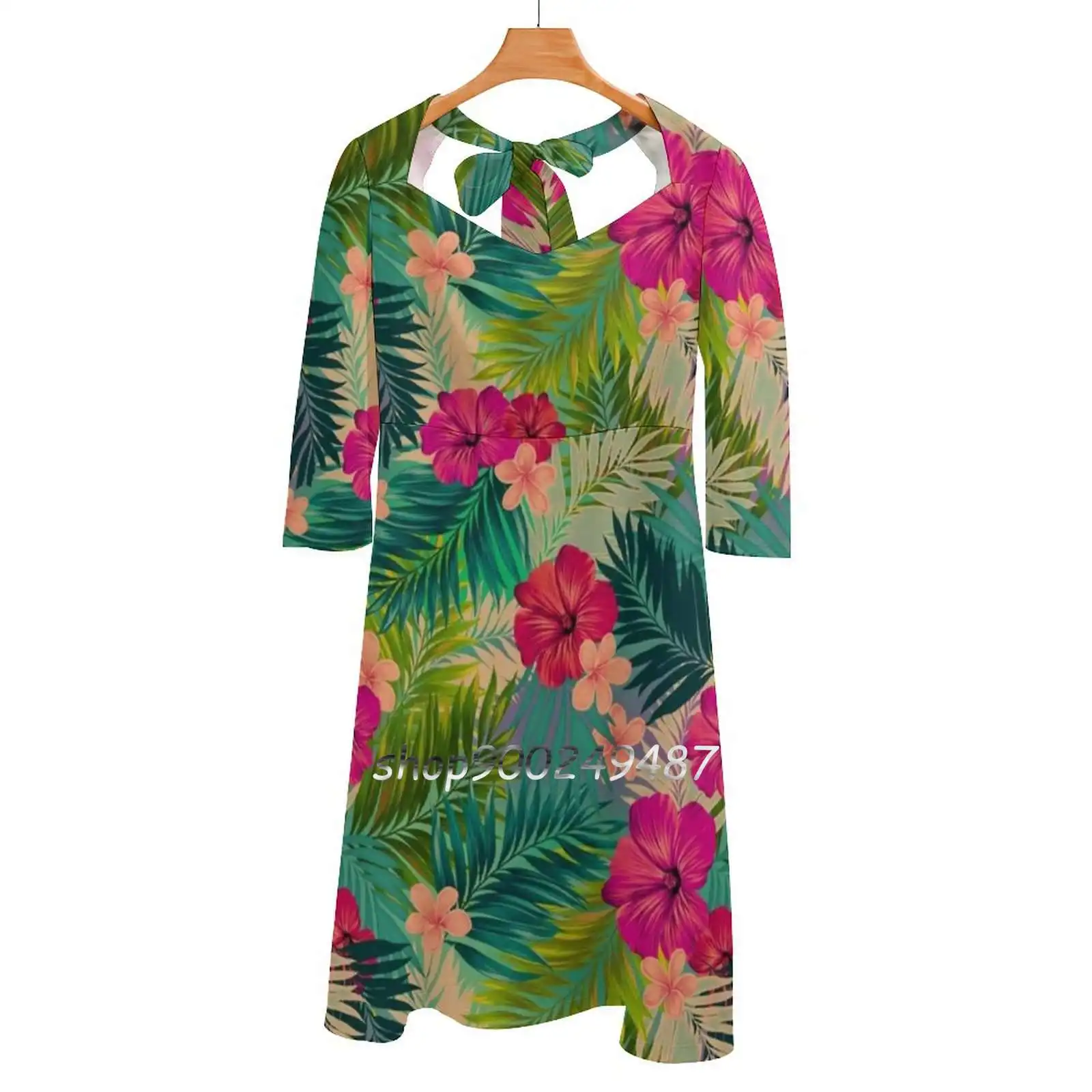 

Sunset Beach-Hot Summer Tropical Pattern Sweetheart Knot Flared Dress Fashion Design Large Size Loose Dress Flower Floral