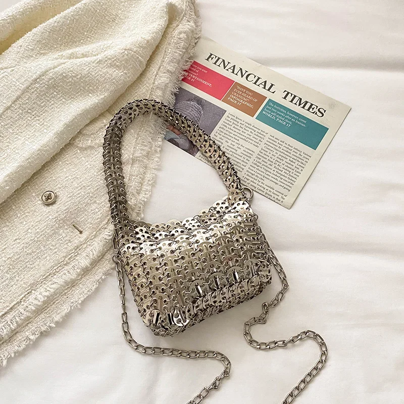 

Y2k Shoulder Bags Unique design Silver sequin braided High textured tote Punk Metal Foreign Fashion Retro ins New Trendy 2023