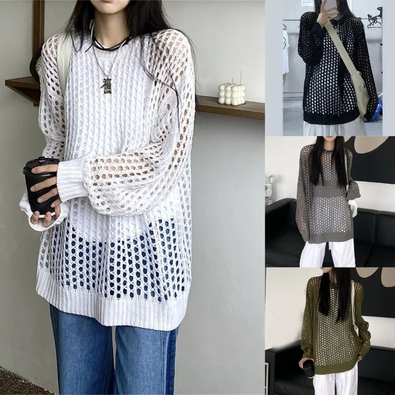 

Womens Elegant Soft Crewneck Long Sleeve Hollow Out Knit Pullover Sweaters Dropship