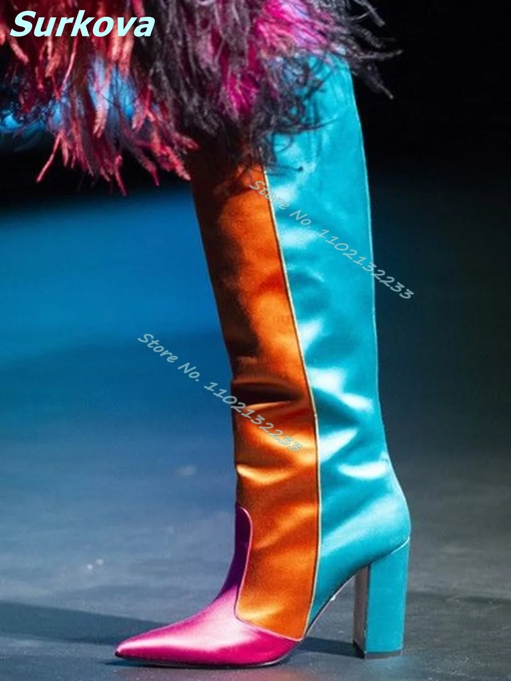 Mixed Colors Knee High Boots Satin Patchwork Pointy Toe Square High Heels Catwalk Boots Winter Fashion Luxury Warm Women Shoes
Mixed Colors Knee High Boots Satin Patchwork Pointy Toe Square High Heels Catwalk Boots Winter Fashion Luxury Warm Women Shoes