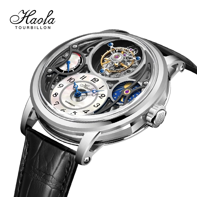 

Haofa Men's Tourbillon Movement Mens Watch Sapphire Skeleton Mechanical Wristwatches Power Reserve 60H Moonphase montre homme