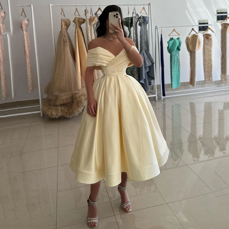 

Thinyfull Formal A-Line Prom Evening Dresses Off The Shoulder Tea Length Party Dress Women Cocktail Gowns Saudi Arabia Dubai