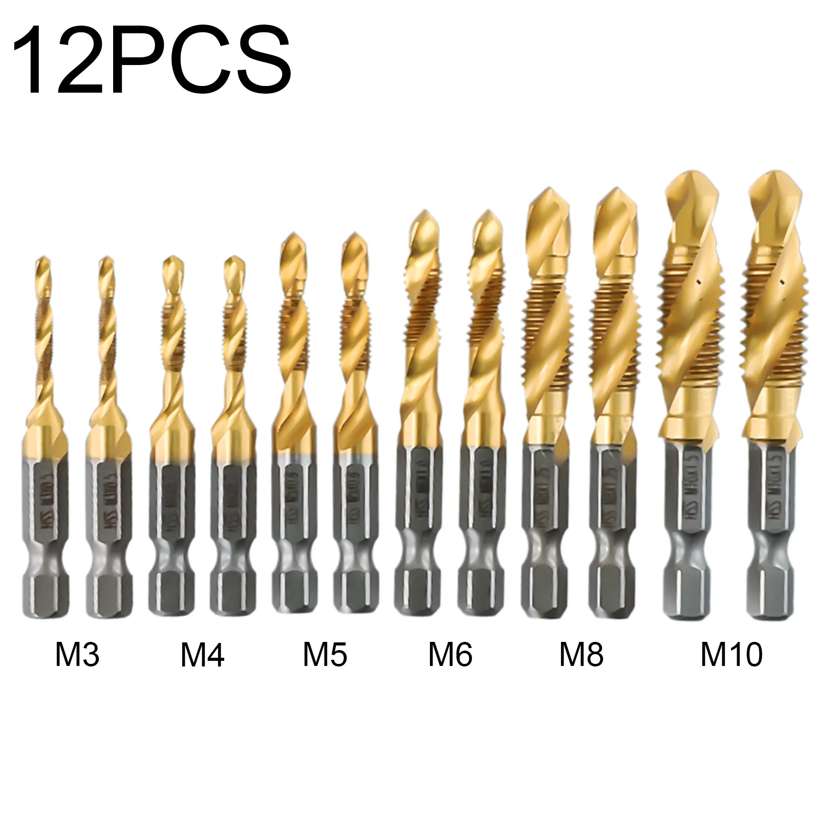12pcs Hex Shank Titanium Plated HSS Screw Thread Metric Tap Drill Bits Screw Machine Compound Tap M3-M10 Power Tools Accessories
12pcs Hex Shank Titanium Plated HSS Screw Thread Metric Tap Drill Bits Screw Machine Compound Tap M3-M10 Power Tools Accessories