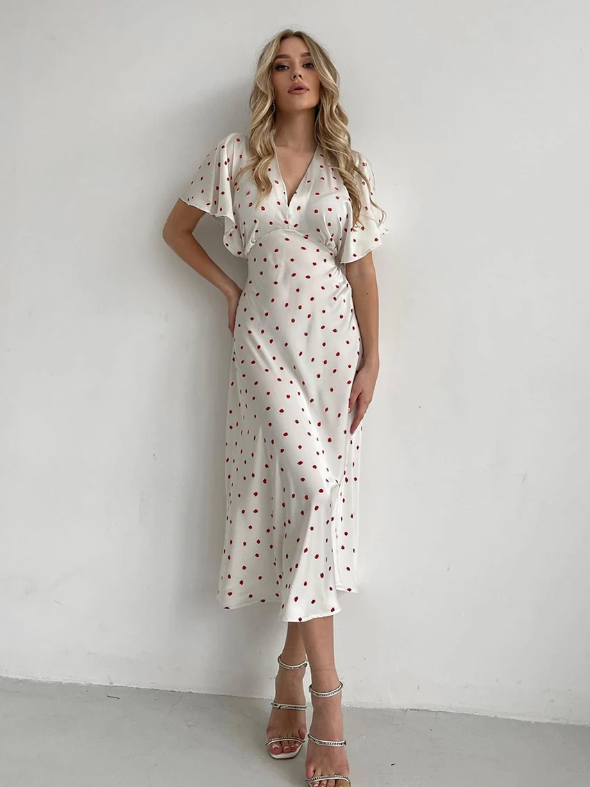 

Mathaqiqi Printing Women Sleepwear Sexy V-Neck Pajama Split Nightwear Short Sleeve Nightgowns Casual Mid-Calf Dress Home Clothes