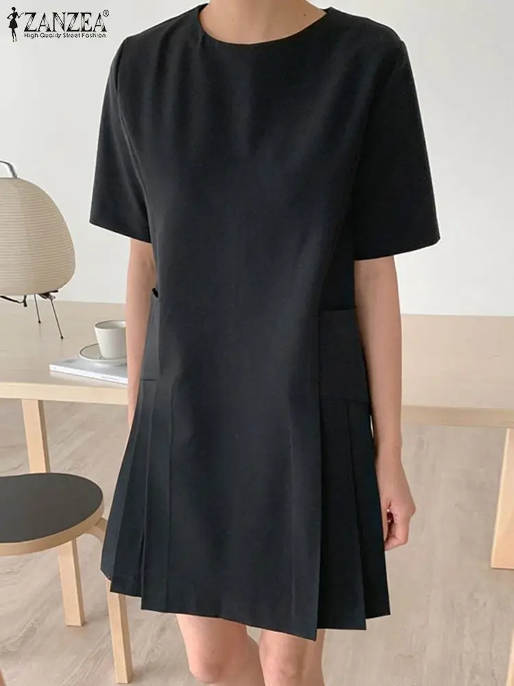 

Корейская мода, элегантное плиссированное платье с коротким рукавом ZANZEA 2024, летнее повседневное Однотонное Платье До Колена, женское платье
