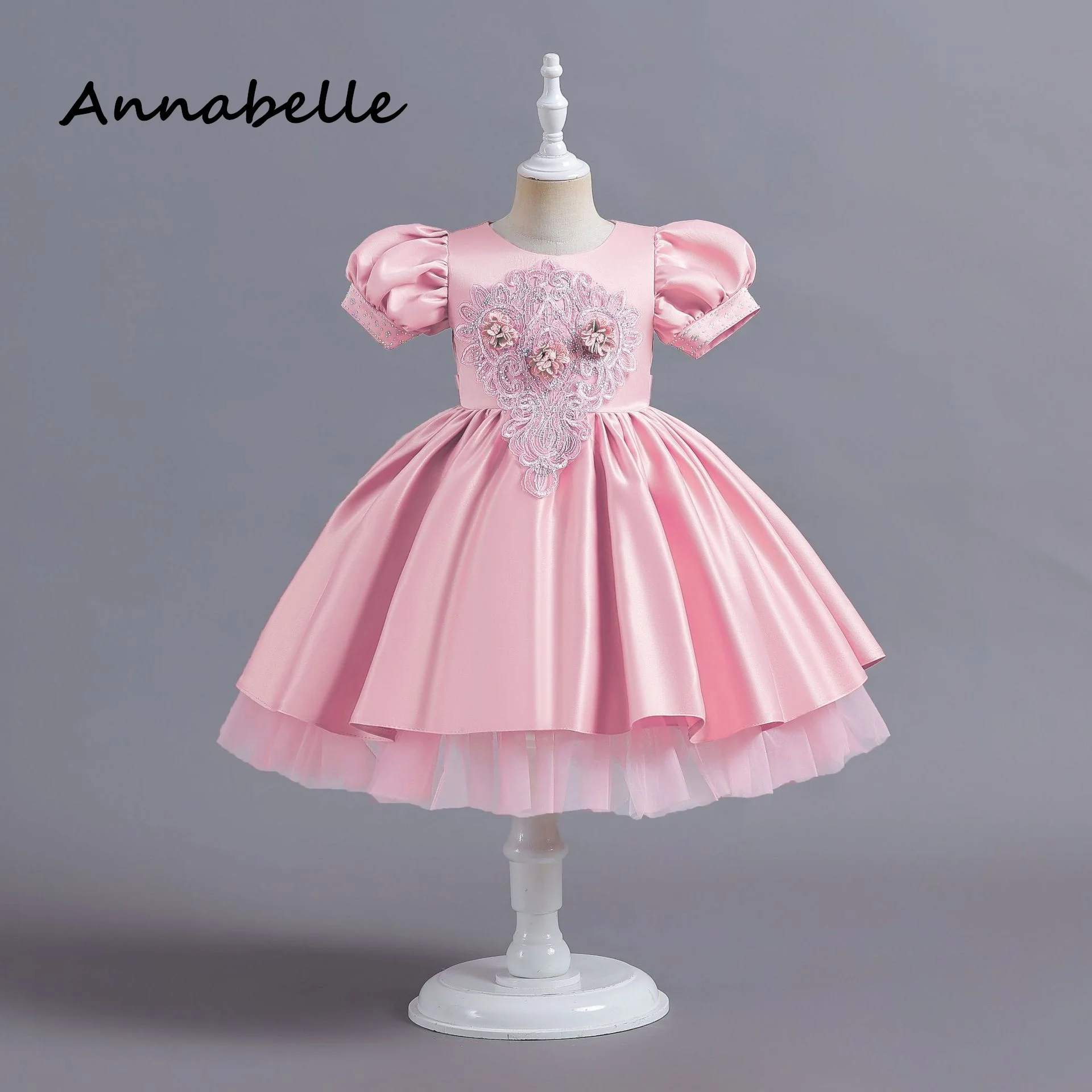 

Annabelle Flower Girl Princess Dress Baby Girl Ceremony Birthday Short Sleeved Round Neck For Wedding Party Bridesmaid Bow Dress
