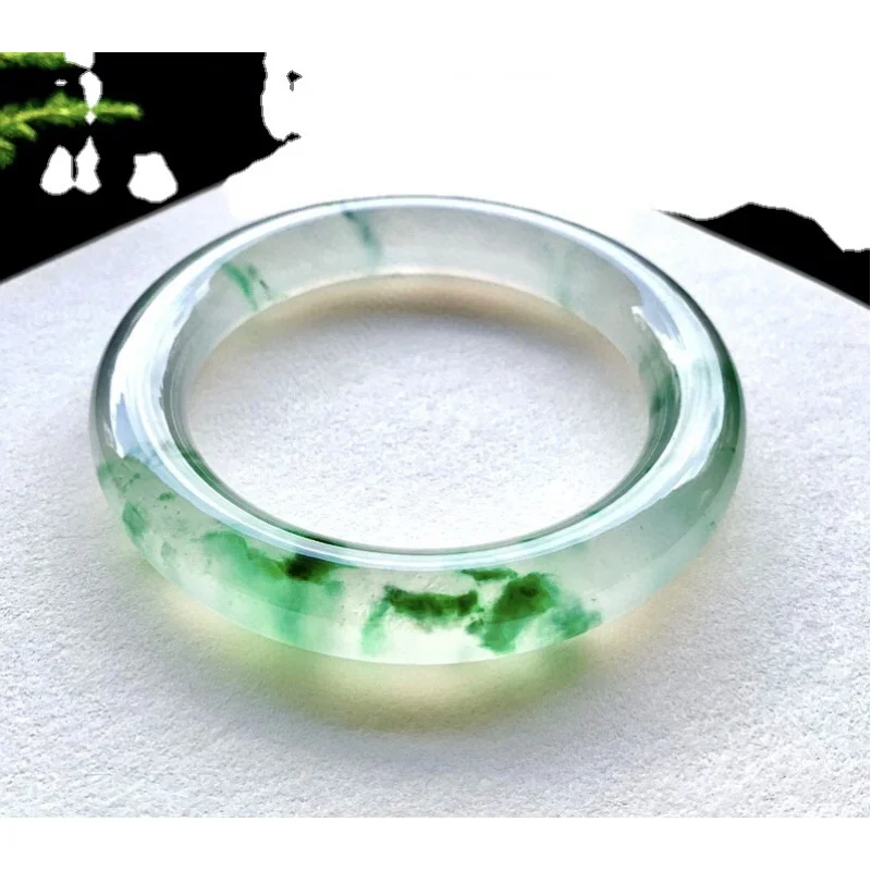 

Ice-like Flowers Myanmar Glass Type Floating Green Flower round Bar Jade Bracelet