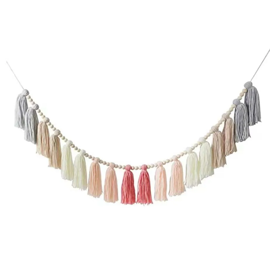 Boho Wall Hanging Decor Set - Wooden Beads & Wool Ball Garland 3 S0eec9edc970f4bdaadd0095f5cc87f21H