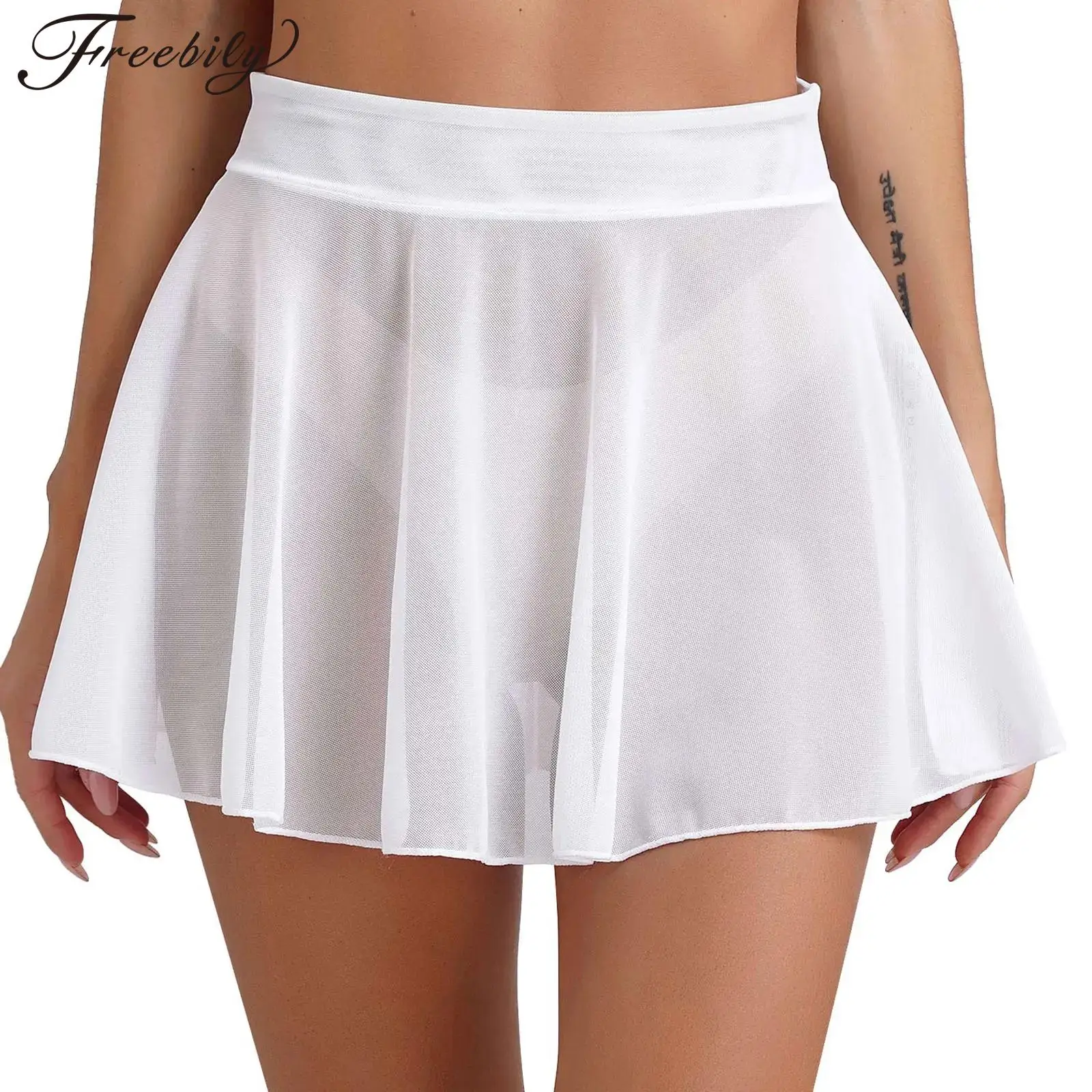 

Women's Sheer Mesh Mini Skirts See-Through High Waist Solid Color Skater Skirt Beach Cover-ups Without Briefs