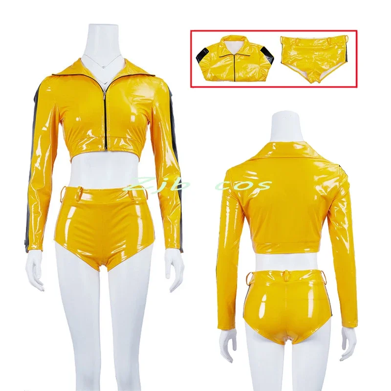 

Movie Kill Bill cosplay yellow sexy costume top shorts the bride beaitx kiddo cosplay tight navel exposed leather jacket women