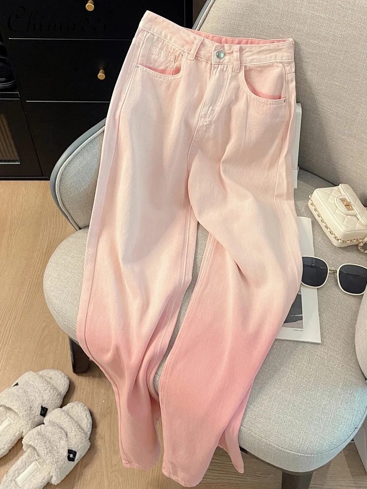 

Youth Sweet Gradient Pink High Waist Mopping Straight Denim Trousers Women Loose Casual Wide Leg Jeans Pants 2024 Spring