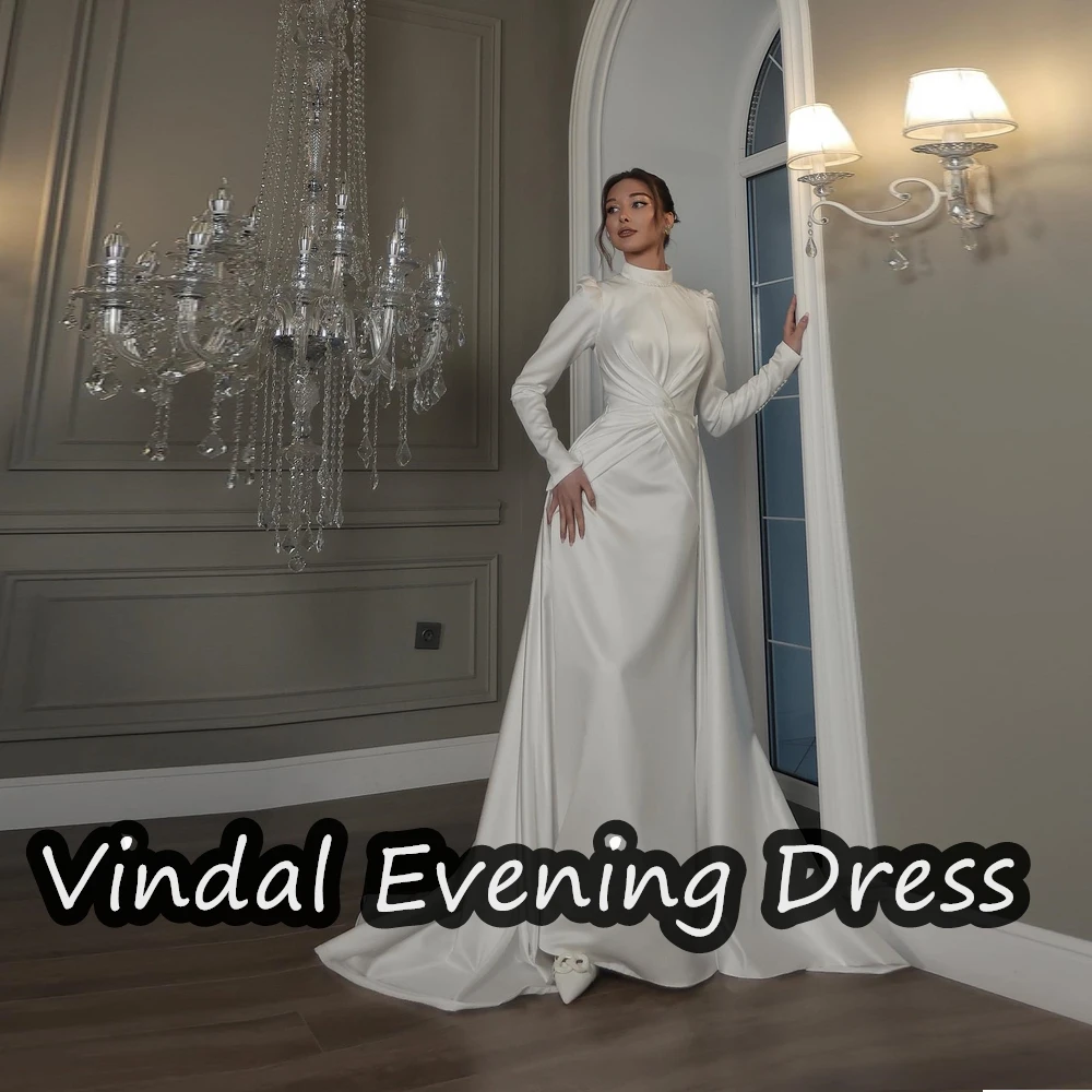 

Vindal Ruffle Scoop Necklin Floor Length Evening Dress ALine Satin Elegant Built-in Bra Saudi Arabia Long Sleeves For Woman 2024