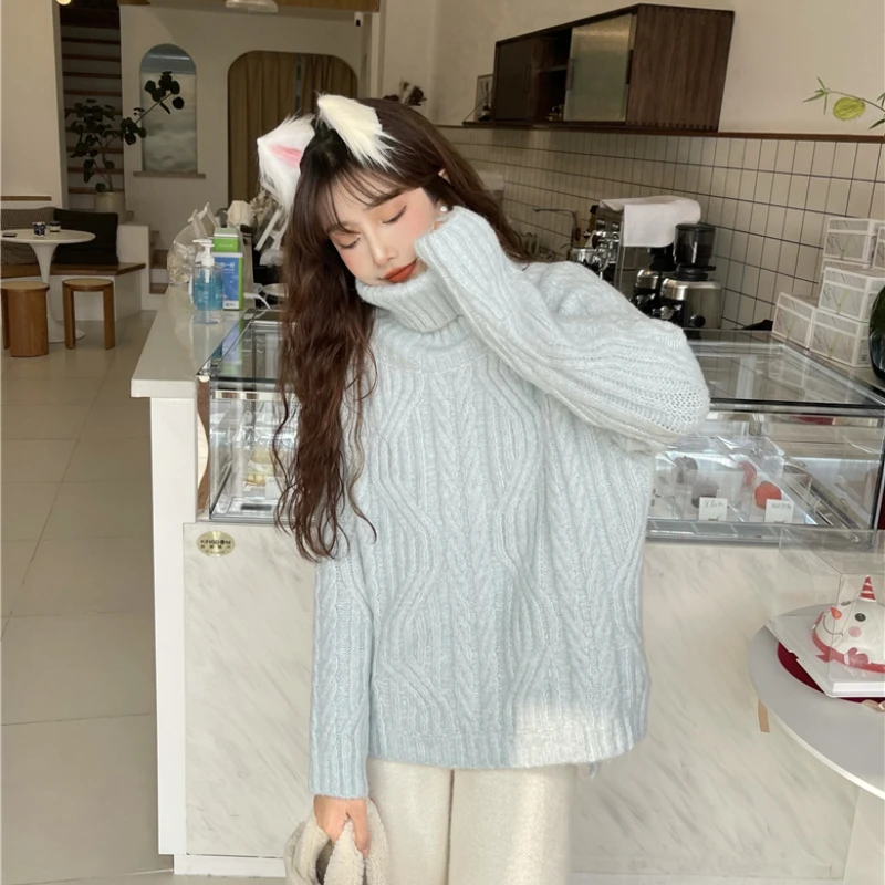 

DAYIFUN Knitted Sweaters Women Gentle Fried Dough Twist Thickened Turtleneck Knit Pullovers Autumn Winter Soft Loose Niche Tops