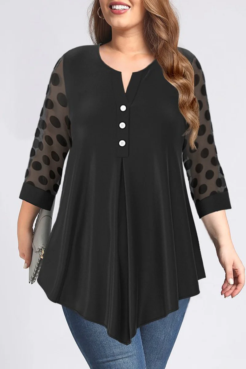 

Women Plus Size Casual Black Mesh Asymmetrical Hem Button Polka Dot Print Blouses Office Lady Elegant Long Sleeve Tops 2024