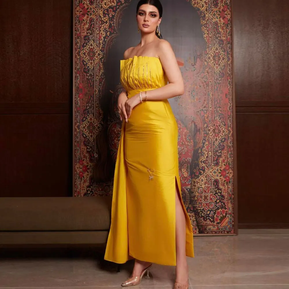 Yellow Satin Prom Dresses Scalloped Neck Draped Backless Saudi Arabian Women's Ankle-Length Classic Robes De Soirée Dubaï 
Yellow Satin Prom Dresses Scalloped Neck Draped Backless Saudi Arabian Women's Ankle-Length Classic Robes De Soirée Dubaï