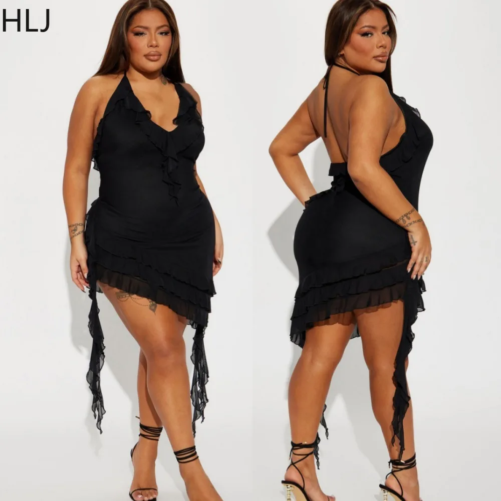 

HLJ Sexy Deep V Mesh Perspective Suspenders Dresses Women Halter Lace Up Bodycon Ruffle Dress Fashion Backless Tassels Vestidos