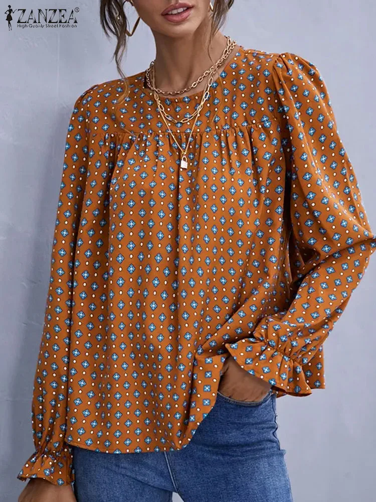 

ZANZEA 2024 Spring Women Long Puff Sleeve Shirts Vintage Printed Blouse Retro Stitching Pleats Tops Holiday Loose O-neck Tunics