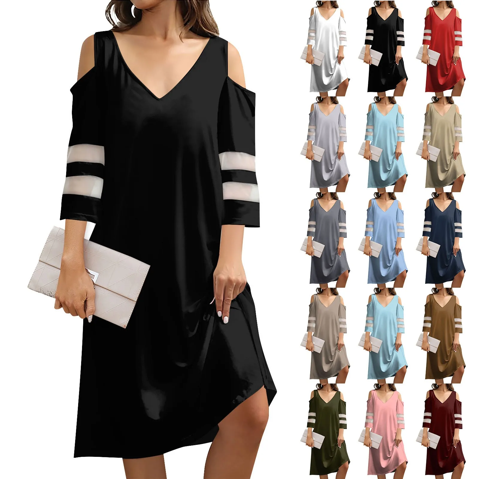 

Women's Summer V-neck Dress Vintage Solid Color Printed Dress Splicing Strapless Seven Sleeve Casual Dresses ropa de mujer