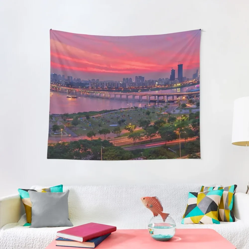 

Summer sunset in Seoul Korea Tapestry Room Aesthetic Wall Mural Home Decor Accessories Aesthetic Room Decor Tapestry