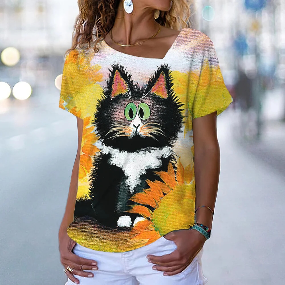 Cartoon Kitten Printed Women's T-shirt Tops Summer Fashion Streetwear Slash Neck Casual Short Sleeve Blouse Female Harajuku Tees
Cartoon Kitten Printed Women's T-shirt Tops Summer Fashion Streetwear Slash Neck Casual Short Sleeve Blouse Female Harajuku Tees