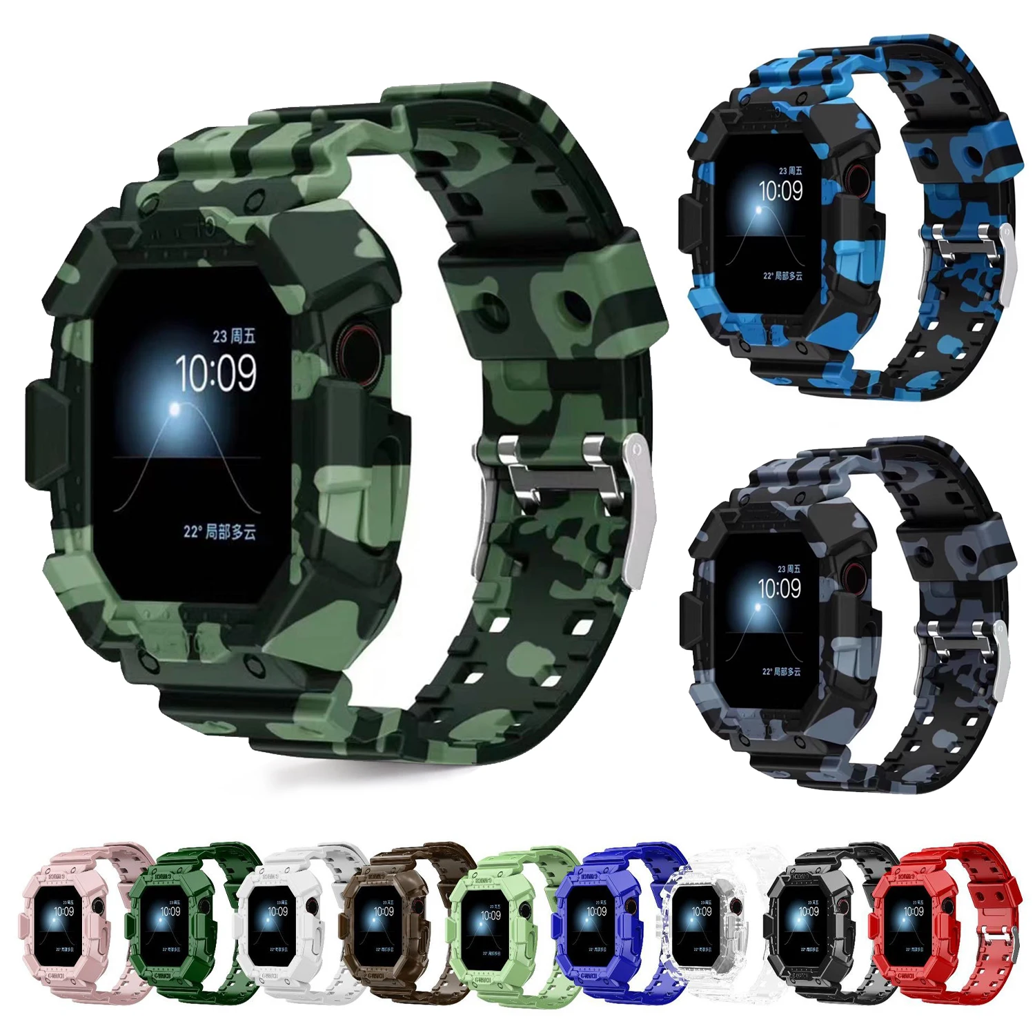 Камуфляжный ремешок для часов чехол Apple Watch 44 мм 42 45 38/40 Series 6 5 SE 4 силиконовый