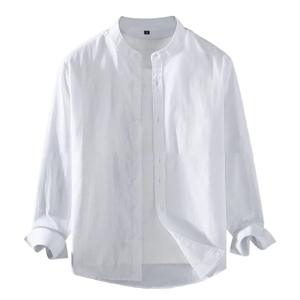 

Mens Linen Shirt Stand Collar Long Sleeve Henley White Black Soft Comfortable Simple Spring Summer Men's Shirt Solid Color