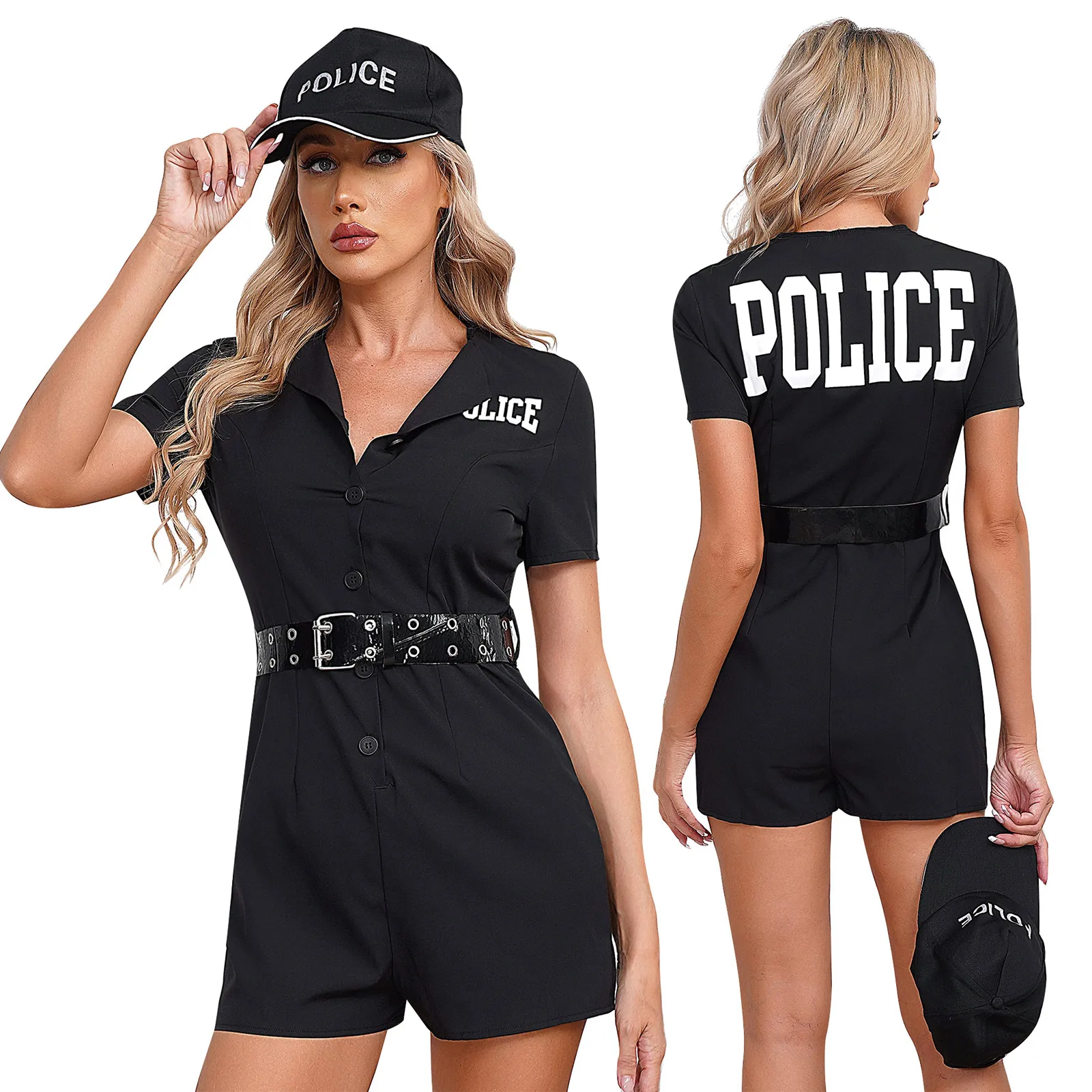 

Womens Policewoman Cosplay Costumes Short Sleeve Rompers Metal Eyelet Belt Cap 3-Piece Set Carnival Party Cop Office Uniform
