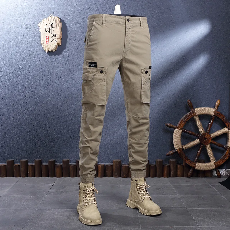 

Khaki Classic Overalls Men's Elastic Loose Straight Outdoor Ankle Banded Pants Youth Mountaineering Casual Pants