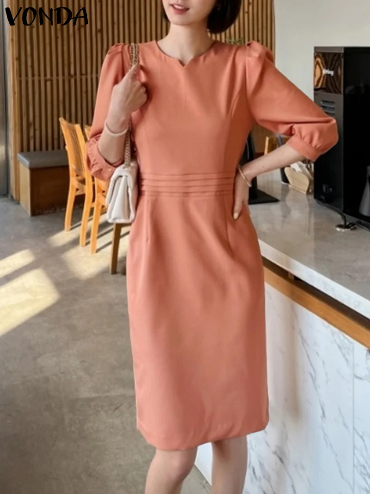 

VONDA Mini Dress 2024 Women Elegant Shirt Sundress Casual Solid Color Robe Sexy 3/4 Puff Sleeve Pleated V-Neck Party Vestidos