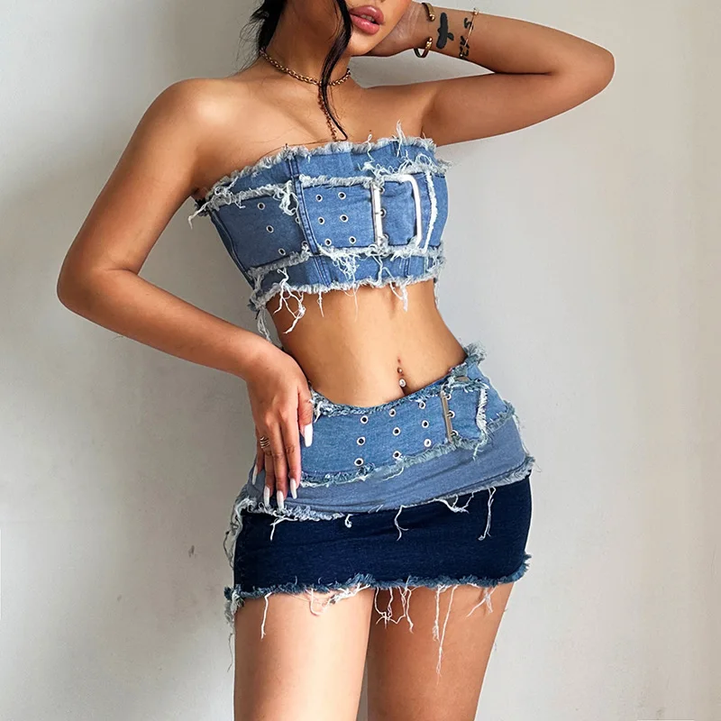 Y2K Buckled Denim Two Piece Skirt Sets Women Distressed Patchwork Crop Tube Top And Mini Skirt Sexy 2 Pieces Set Streetwear
Y2K Buckled Denim Two Piece Skirt Sets Women Distressed Patchwork Crop Tube Top And Mini Skirt Sexy 2 Pieces Set Streetwear