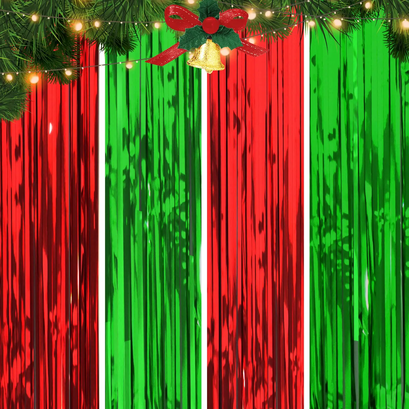 

3 Pcs Christmas Metallic Foil Fringe Curtain Red Green Tinsel Streamer Photo Booth Props New Year Birthday Indoor Outdoor Decor