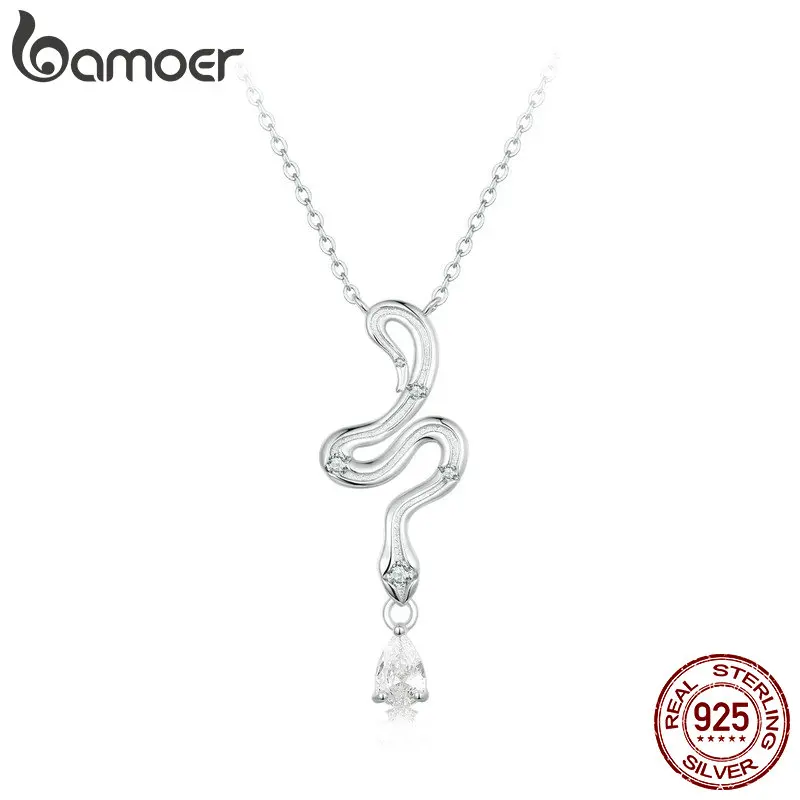 

BAMOER 925 Sterling Silver Snake Pendant Necklace Pave Setting CZ for Women Adjustable Chain Link Fine Jewelry Party Gift BSN385