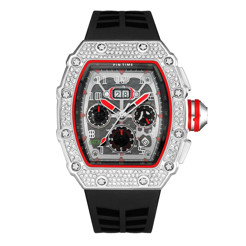 

PINTIME Sport Men's Watches Waterproof 30m Chronograph Quartz Wristwatch Luxury Iced Out Diamond Case Luminous Calendar Clock