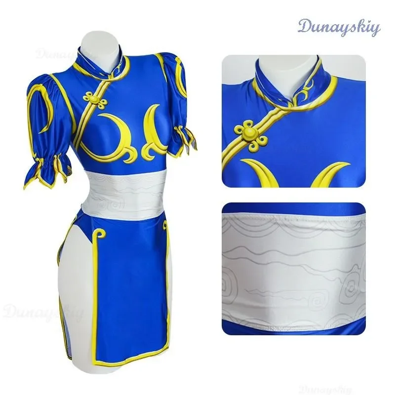 

Chun Li Cosplay Dress Costume Game SF Chunli Role Play Blue Qipao Outfit Full Set Jackie Kung fu Halloween Party Suit For Fun