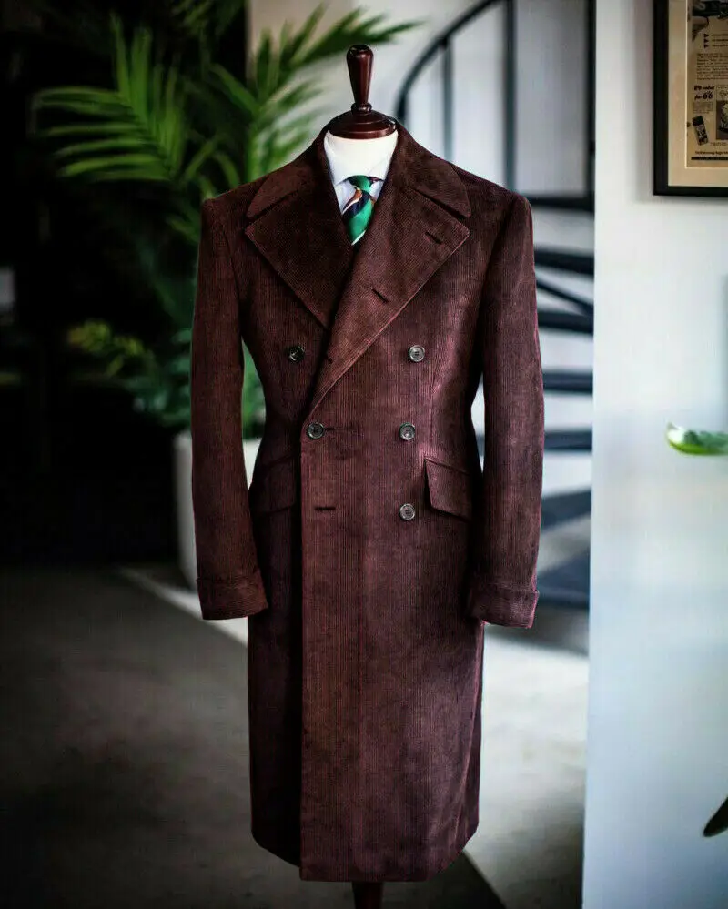 

Burgundy Corduroy Men Overcoat Winter Thick Warm Formal Double Breasted Office Long Coat Custom Made Male Jacket Kingcoat